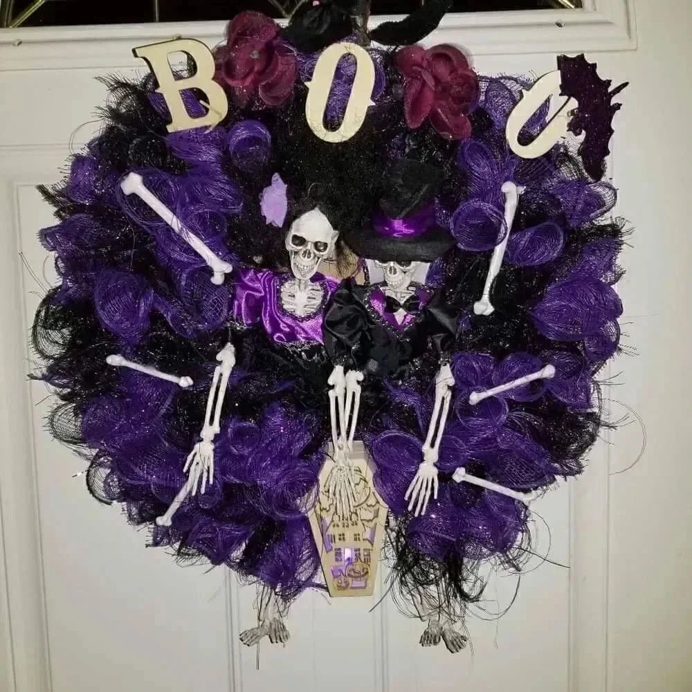 Handmade Halloween Mr and Mrs skeleton wreath